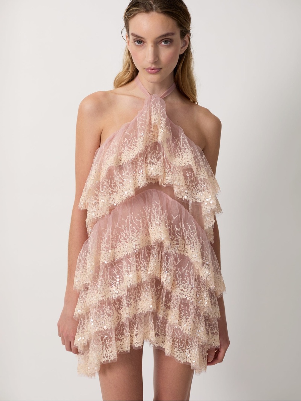 NEW AKNVAS Angelica pink cocktail dress Lace Tiered Party Dress W Sequins